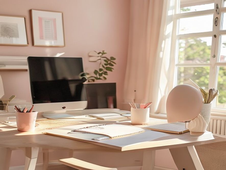 Collaborative workspace environment showing desk setup with notebooks and natural elements reflecting ethical values